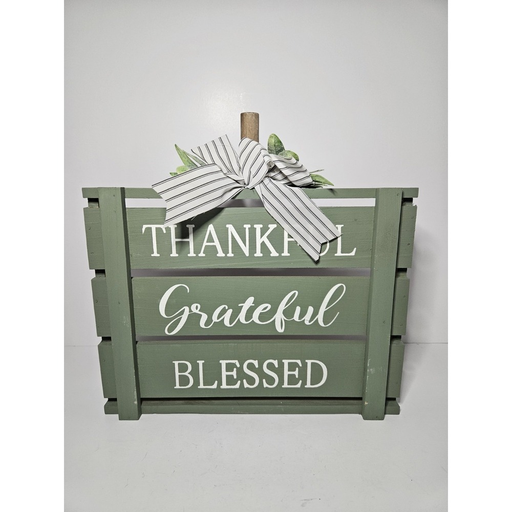Farmhouse Wooden Crate Pumpkin Thankful Grateful Blessed Fall Decor Shelf Sitter